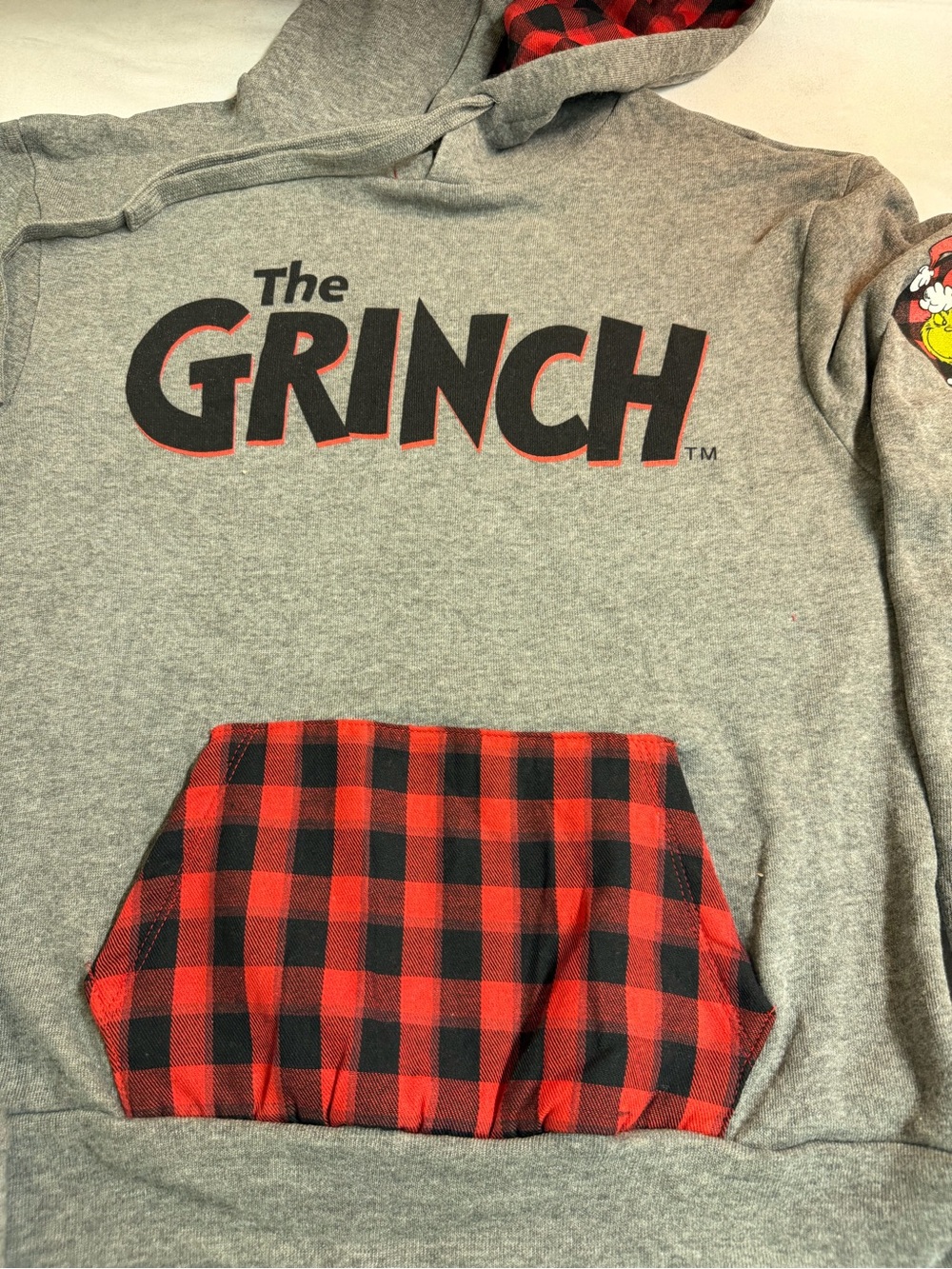 Universal Gray The Grinch Hoodie with Red & Black Plaid Pocket